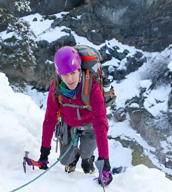 Ice climber ascending Rambles Center route near Whistler